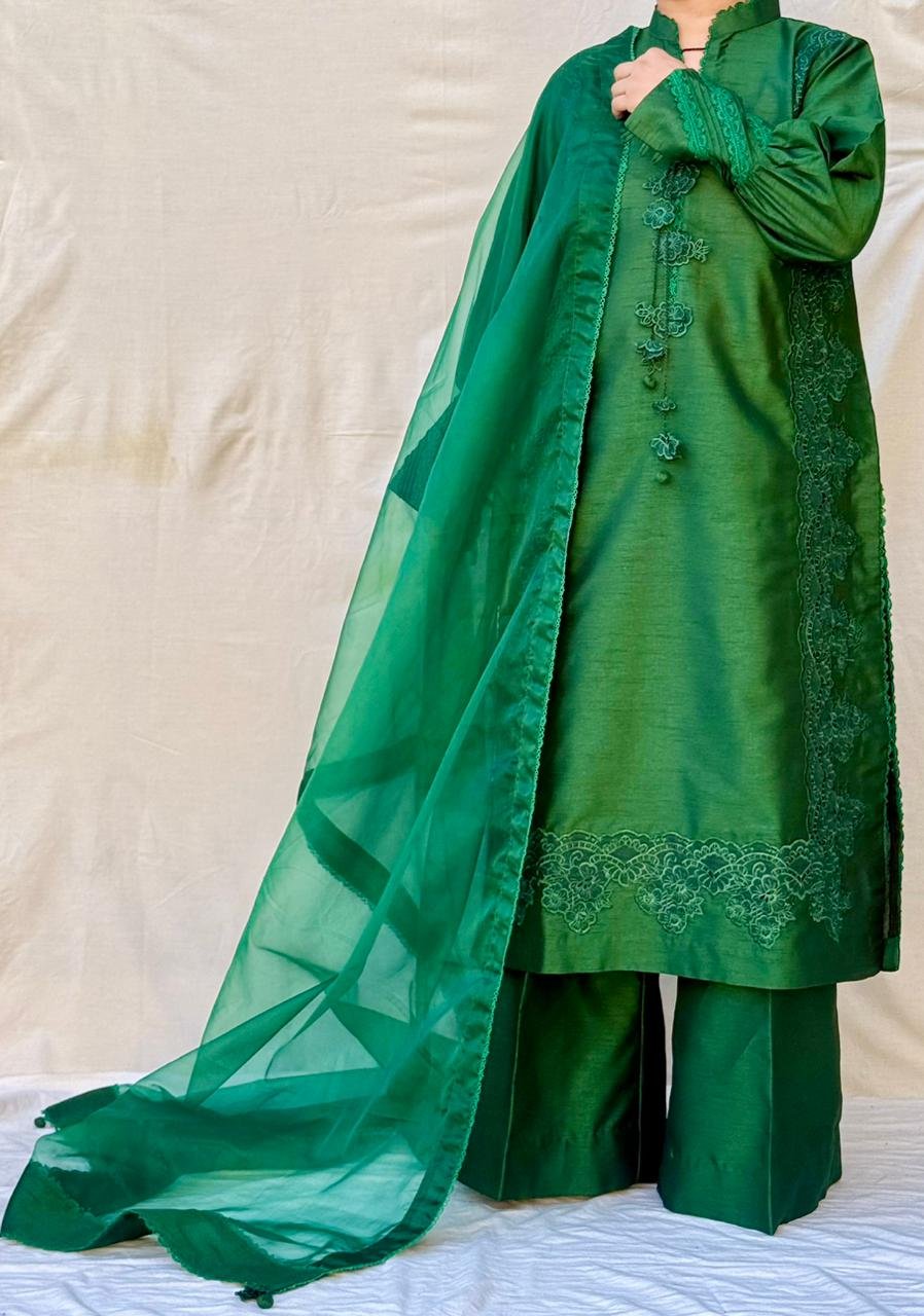 3 PIECE GREEN EMBROIDERED RAW SILK SUIT thumbnail 2