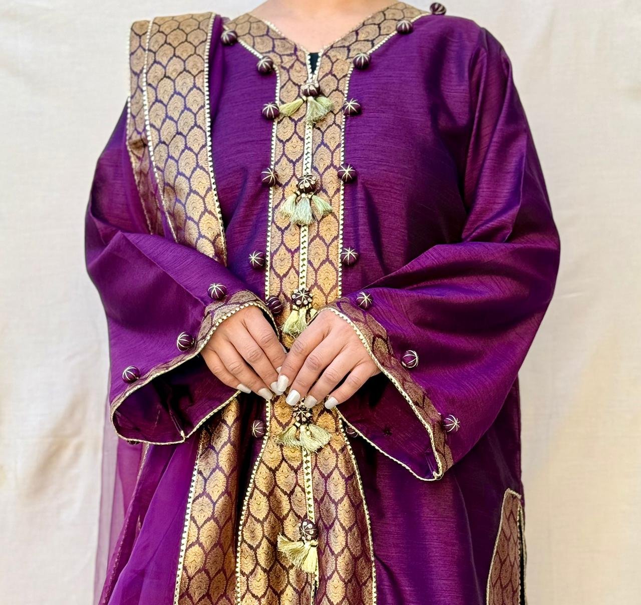 3 PIECE PURPLE EMBROIDERED RAW SILK SUIT thumbnail 2