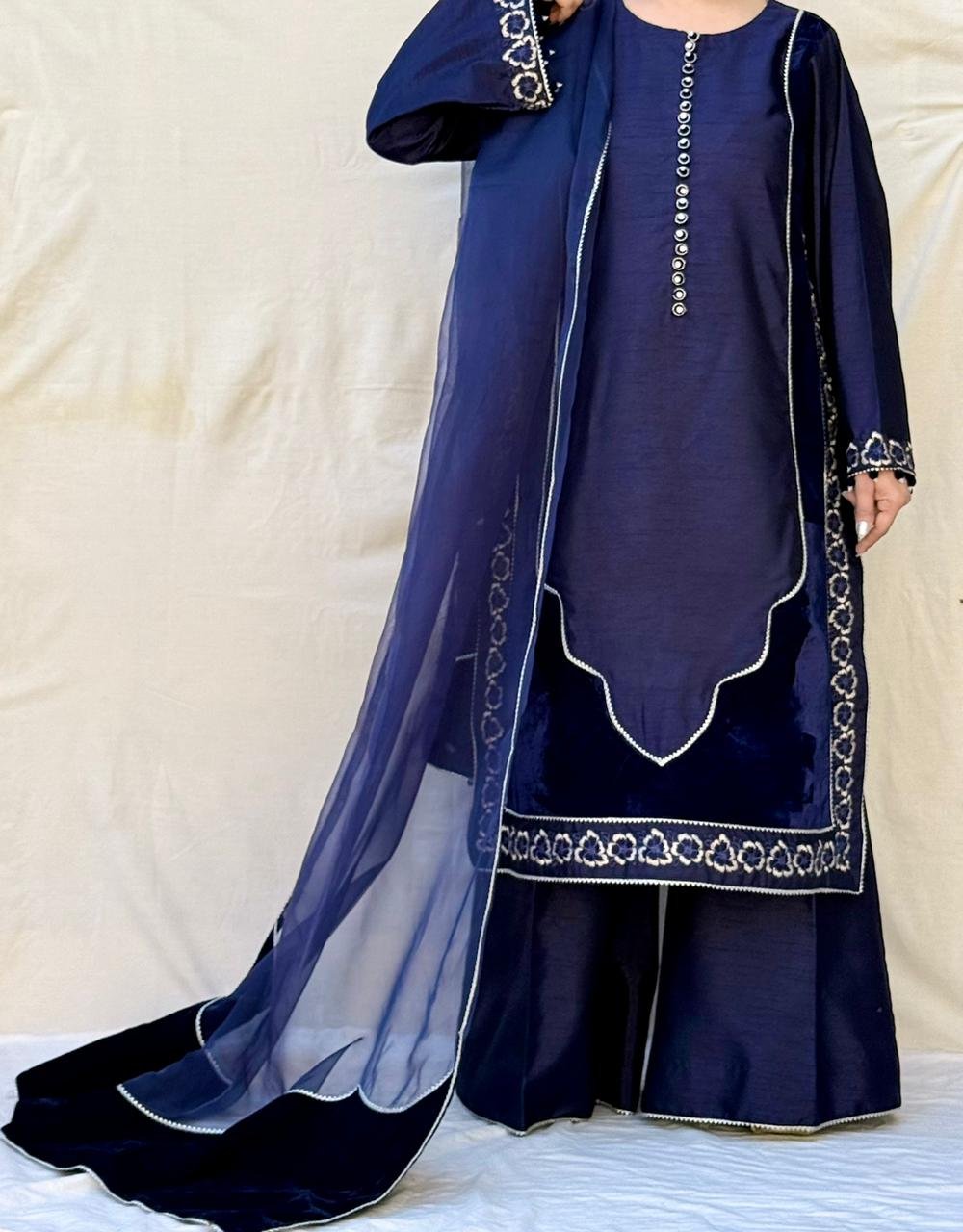 3 PIECE BLUE EMBROIDERED RAW SILK SUIT thumbnail 2