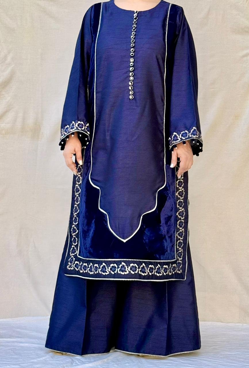 3 PIECE BLUE EMBROIDERED RAW SILK SUIT thumbnail 4